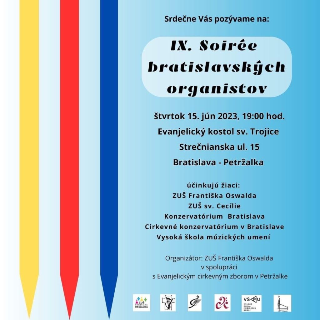 Pozvánka na koncert “Soireé bratislavských organistov” dňa 14.6.2024 o 19:00 v evanjelickom kostole na Strečnianskej 15.